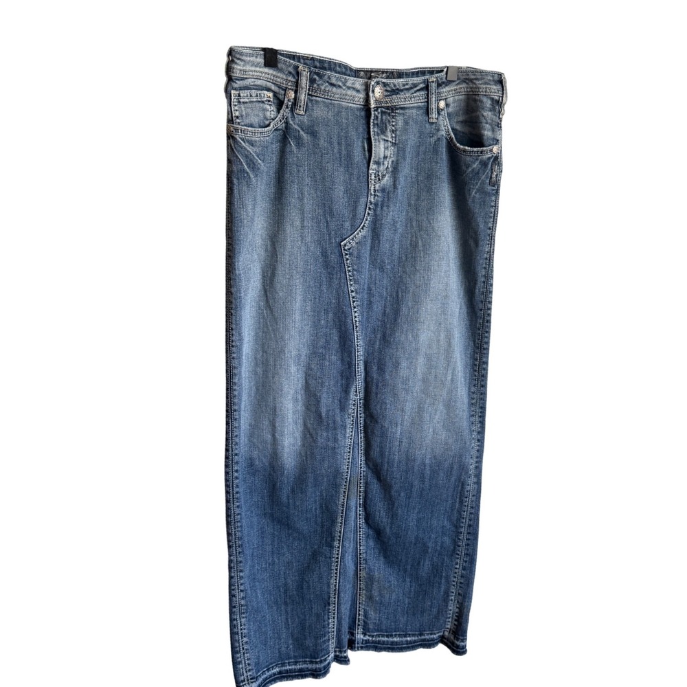 Silver Jeans Co. Adele Denim Maxi Jean Skirt Blue Exc Distressed Hem Retro